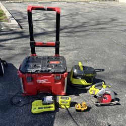 Milwaukee Toolbox Ryobi Carpet/Sofa Cleaner, Ryobi, Skil Saw, Ryobi Battery Charger Ryobi Wheel Inflator