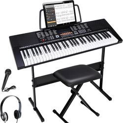 61-Key Portable Electric Keyboard Piano with Built In Speakers, LED Screen, Headphones, Microphone, Piano Stand, Music Sheet Stand and Stool