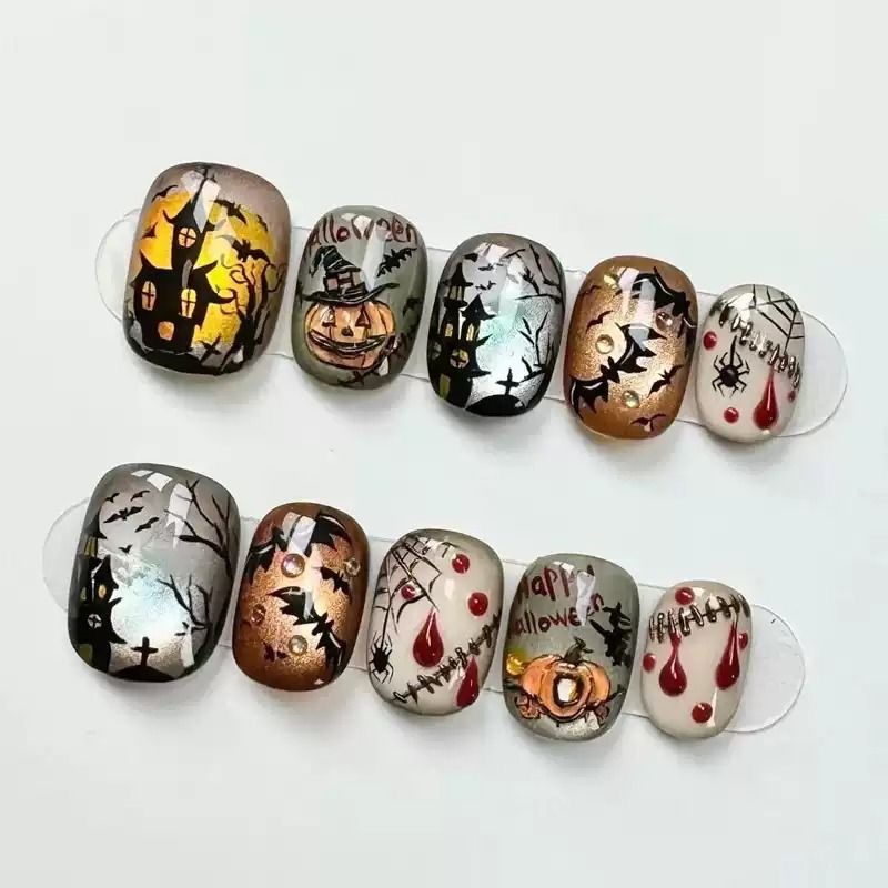 🎃Halloween Bat & Haunted House Press-on Nails | Spooky Season Manicure