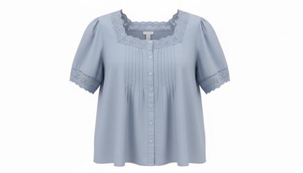 Light Blue Lace Trim Button-Front Blouse