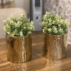 (2) Vases / Planters With Faux Florals 