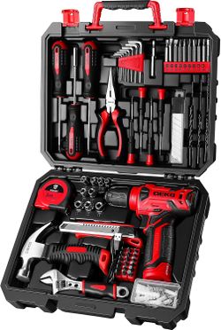 DEKOPRO 126-Piece Tool Set with 8V Red Cordless Drill, Tool Box, Hand Tools & Home Repair Kit