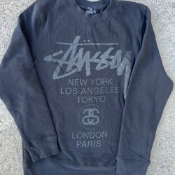 Stussy World Tour Crew Mens Size Small Black On Black Sweatshirt New