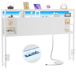 Queen Size Headboard with Storage, Headboards with Power Outlets and RGB LED Light, Sturdy Head Board for Queen Size Bed, Stable Headboard Only for Be