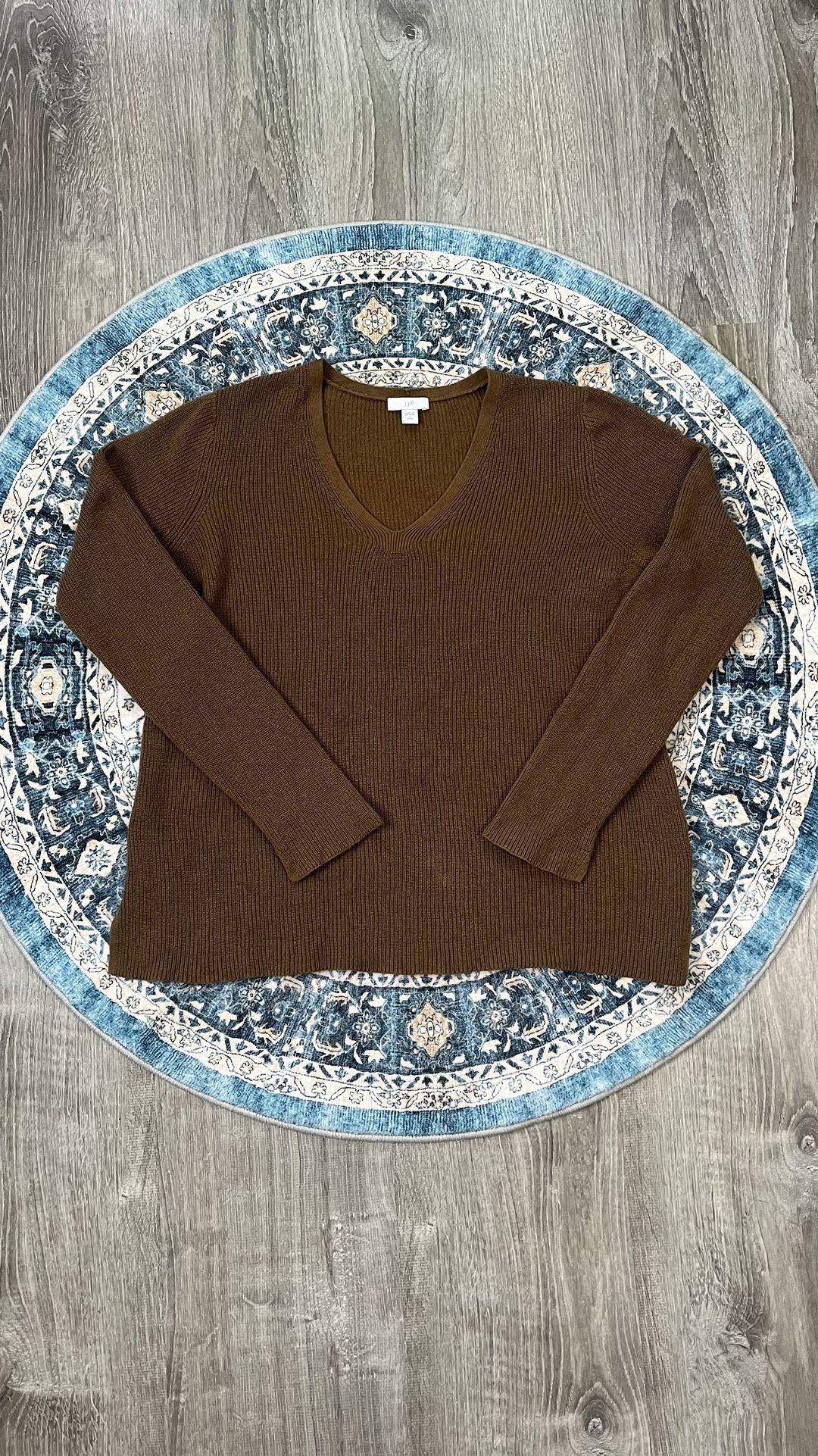 J. Jill Small Oversized Camel Brown Ribbed Knit V-neck Cotton Blend Sweater