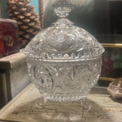 Libbey Hobstar Star Jewish David Footed Candy Dish With Lid Cut Crystal 9.25”