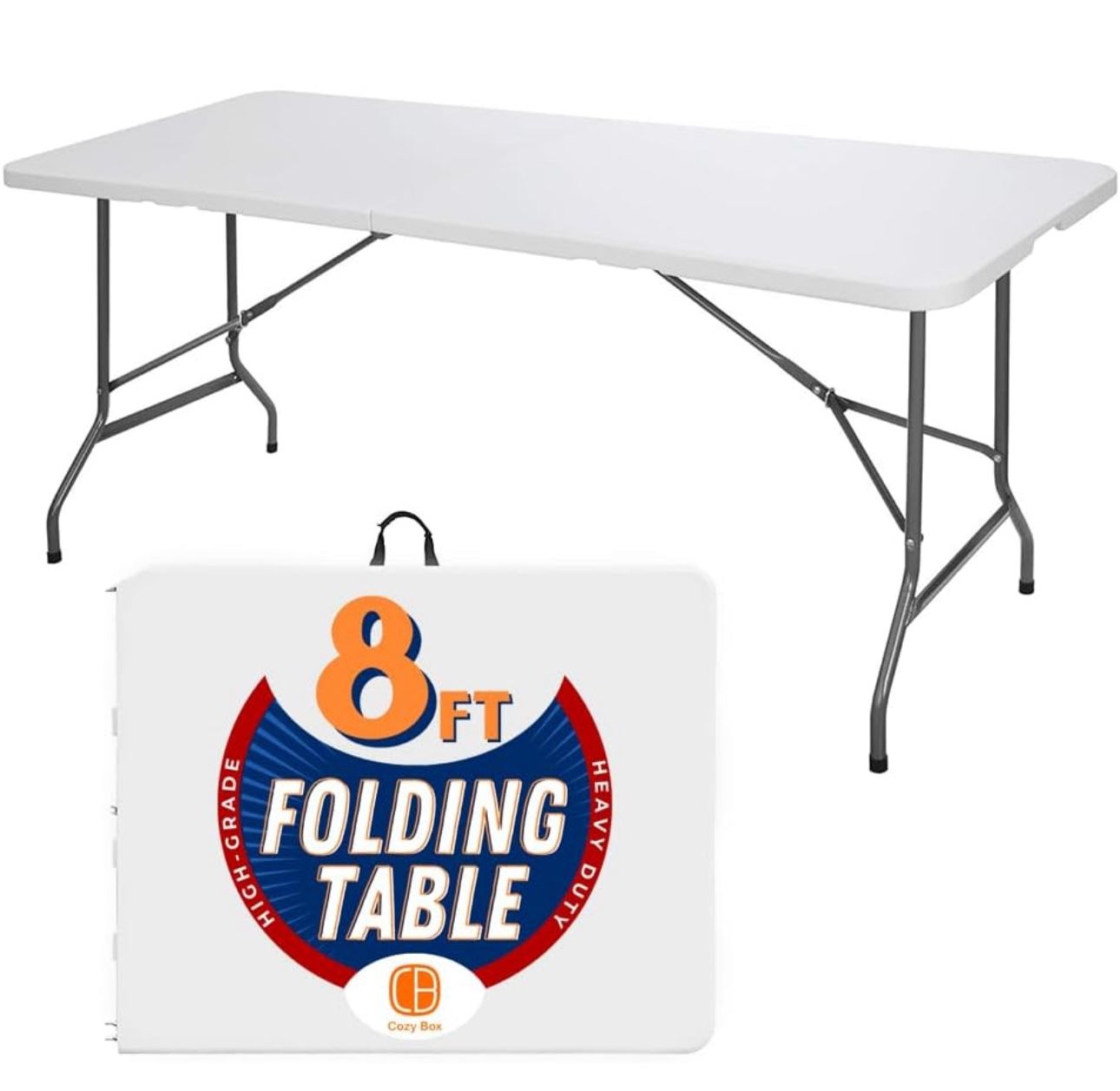8FT Folding Table Indoor Outdoor Heavy Duty Portable Folding Plastic Dining Table w/Handle, Lock for Picnic, Party, Camping - White (4ft, 6ft, 8ft) (8
