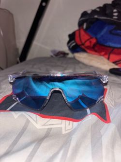 Oakley Style Sport Shield Sunglasses Blue Mirror Lens Clear Frame