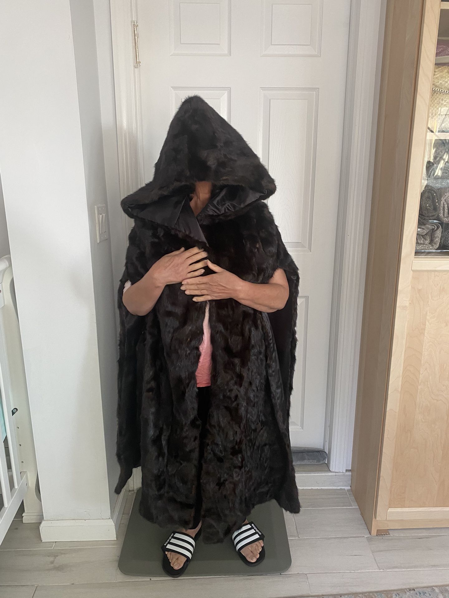 Black Hooded Mink Fur Shawl Coat One Size