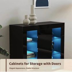 Kitchen Buffet Cabinet with LED Light, Black High Gloss Dining Room Sideboard Storage Cabinets with