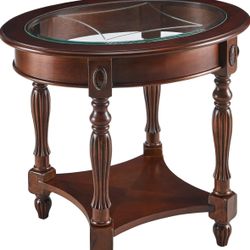 LEEMTORIG Oval Round Glass End Table, 2-Tier Solid Wood Glass Top End Side Tables, Traditional Victorian Nightstand for Bedroom Living Room Office, 28