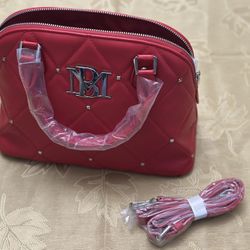 Badgley Mischka Designer Handbag – Red Quilted Satchel with Strap, New