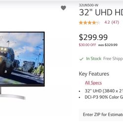 Excellent Deal New LG 32” UHD HDR Monitor With FreeSync