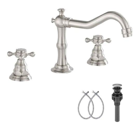 GGSTUDY Brushed Nickel Bathroom Faucet 3-hole 2-handle 8in-16in With Pop-up Drain Widespread Open Box New