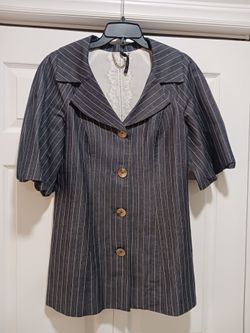 Pinstripe Button-Front Short Sleeve Blazer Top