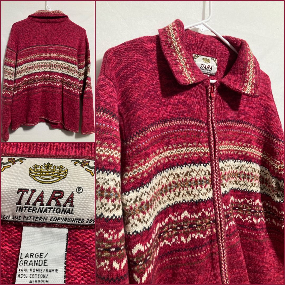 Vintage 90s Tiara International Women Full Zip Sweater Red Jacket Striped Large