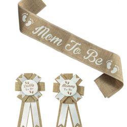  Neutral Mom Burlap Mommy/Daddy to be Pins & Sash