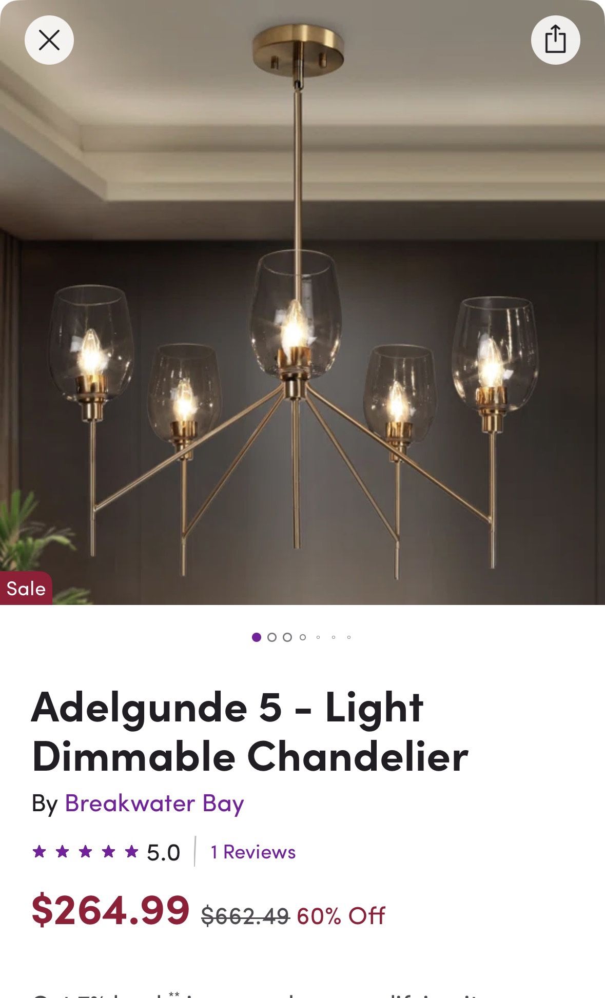 5 Light Brass Dimmable Chandelier