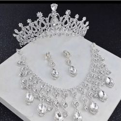 Bridal Necklace Earrings Crown Wedding Jewelry Set