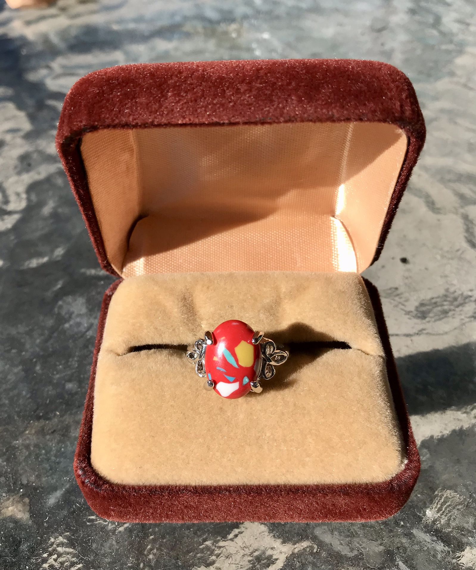 Red Coral Ring with Decoration, Silver Setting & Band