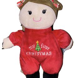 Baby Starters My First Christmas Plush Baby Doll Rattle Brown Hair