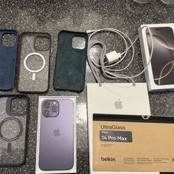 Unlocked iPhone 14 Pro Max with 4 Cases + Apple Screen Protector
