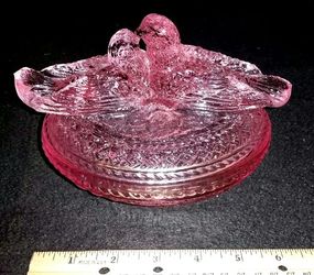 Pink Depression Glass Covered Dish Kissing Love Birds