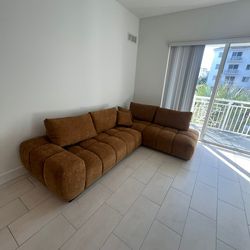 Modern Rust/Cognac Sectional - Channel Tufted Low Profile Sofa"