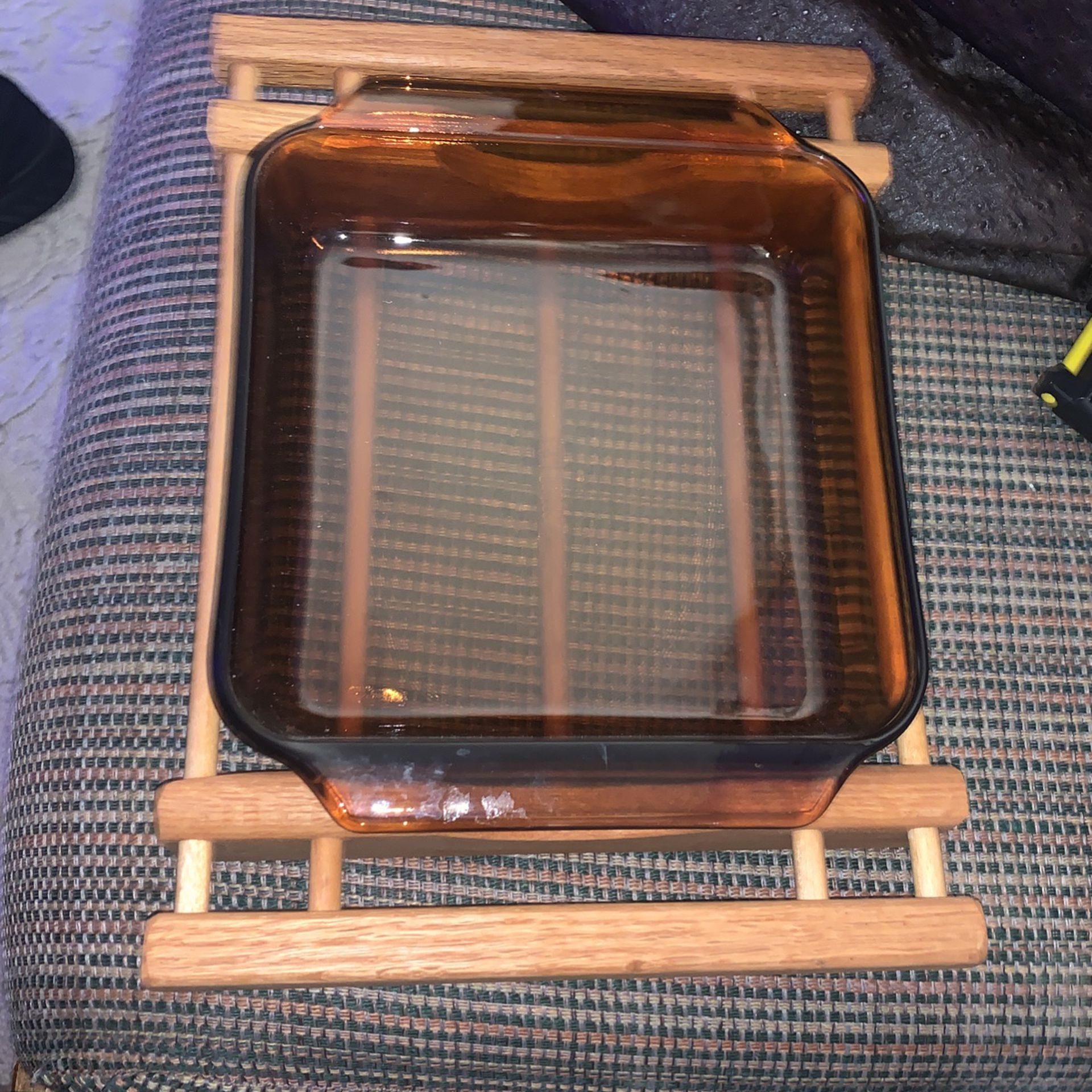 Vintage Anchor Hocking 8x8 Inch Glass Pan With Wooden Stand Baking Dish