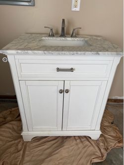 30” white single sink bathroom vanity with soft close drawers