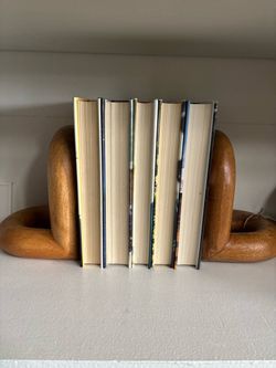 Pair of wood arched bookends with tag
