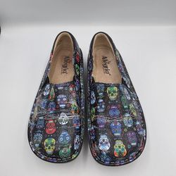 Alegria-Women Sz 38-Black Leather Multi-Colored Sugar Skulls Black Clog- DEB-484