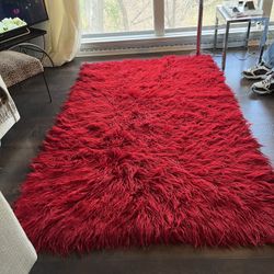 Mid Century Vintage Flokati Area Rug Red Rare Color