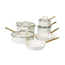 MARTHA STEWART 10-Piece Nonstick Pots and Pans Cookware Set with Gold Handles (Linen)