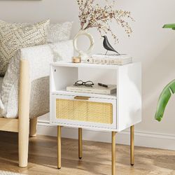 ✨BRAND NEW, IN BOX✨ White & Rattan Nightstand Or End Table!