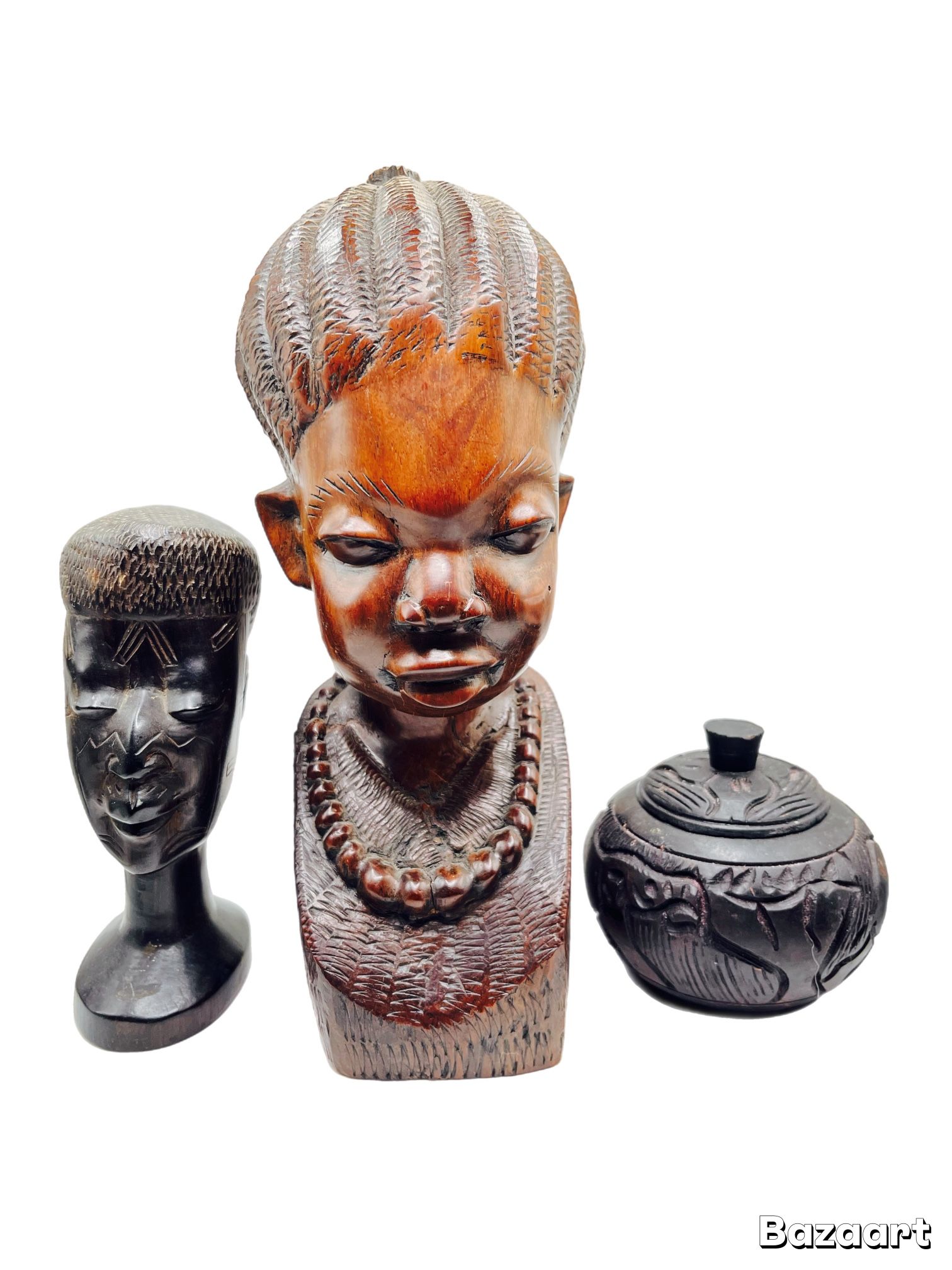 Trio of Hand-Carved African Busts