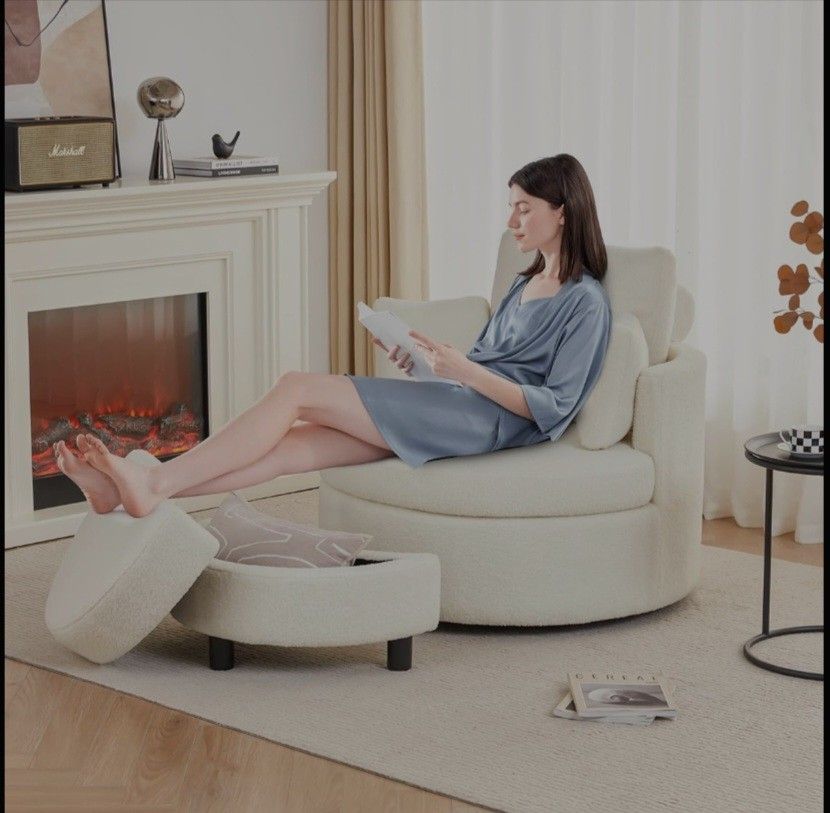 Swivel Chair with Half Moon Storage Ottoman, Round Oversized