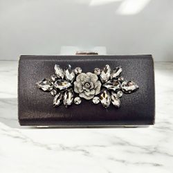 Silver and Black Clutch Purse with crystals and Rhinestones
