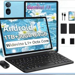 Tablet, 2025 Android 15 Tablet with Gemini AI, 10.1 Inch FHD Display, 30GB RAM 64GB ROM /1TB TF, 6000mAh Battery, Octa-Core 2.0GHz, Widevine L1, 2 in 