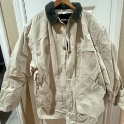 L.L.Bean Mens Tall Field Jacket Large L Primaloft Cotton Shell Plaid Lining Beige & Green Collar