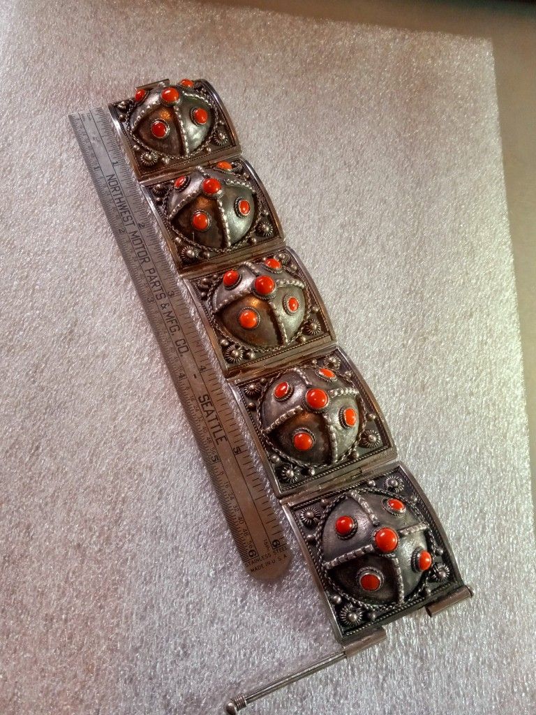 $225! Awesome Antique Silver and Coral Etruscan Jewelry Revival Bracelet