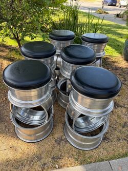 Set of 6 Wheel Rim Stools with Black Cushions