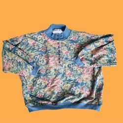 Vtg Euro Joy Paris Midland Floral Half Button-Up Sweatshirt Rare