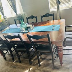 Solid Wood Dining Table With 8 Leather Chairs