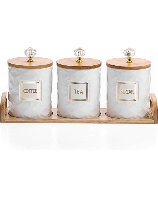 JUXYES Set of 3 Ceramic Canisters Set for Sugar Coffee Tea With Handle Tray, Luxurious Storage Containers Sets with Lids Decorative Storage Pots White