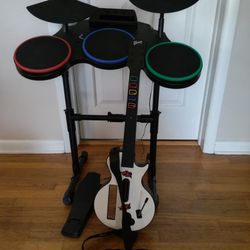 Wii Guitar Hero Band Set- Guitar, Drum With Foot Pedal, 