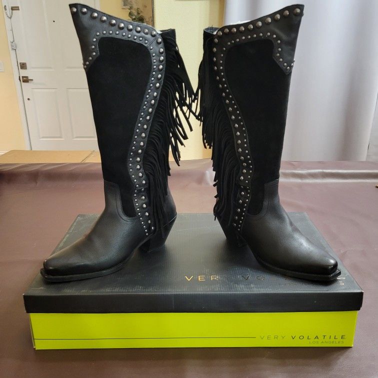 Very Volatile Cowboy Black Boots Studded with Tassels (SIZE 7)