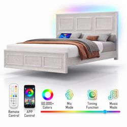 Modern White Queen Size Bed Frame with RGB LED Lights, Storage Headboard & Remote Control