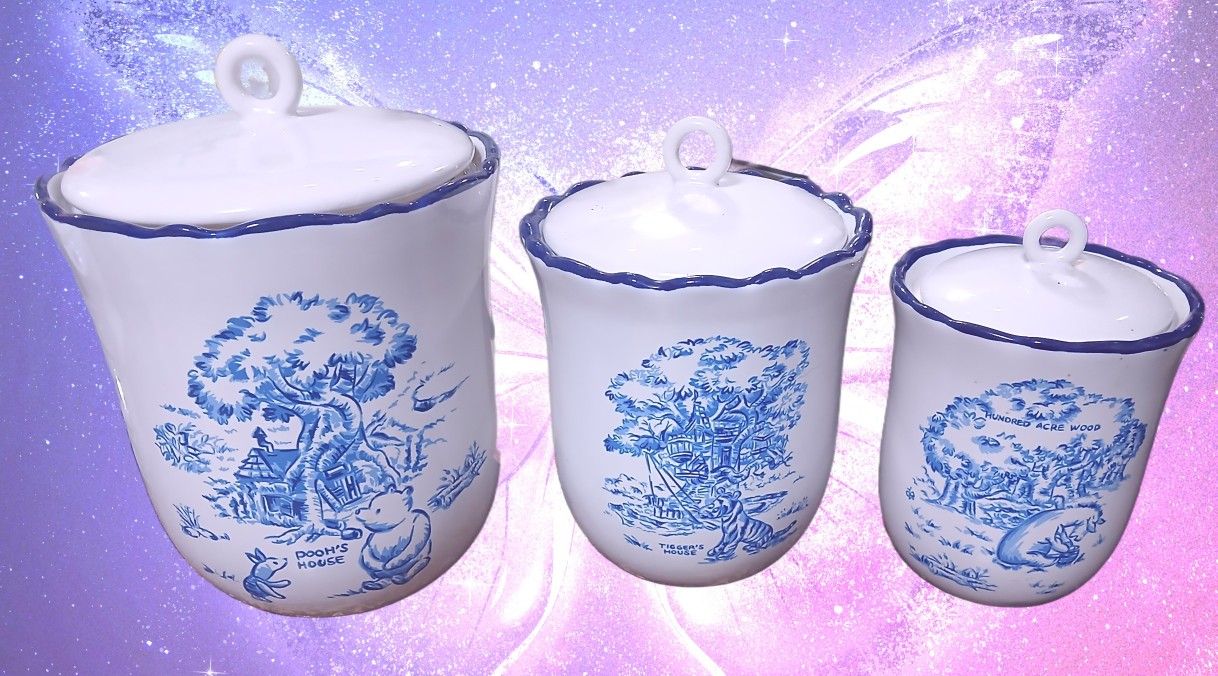 Disney Winnie The Pooh Vtg Blue Toile Stoneware Kitchen Canister Set
