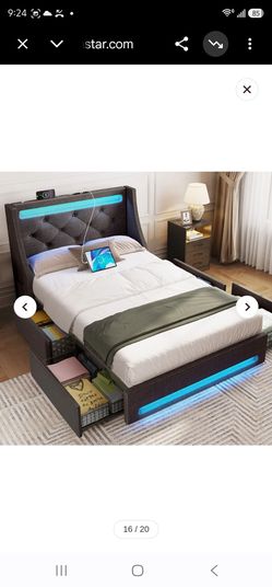 Rolanstar Twin Bed Frame with LED Lights and Charging Station, Upholstered Bed with Drawers, Wooden Slats, Noise Free, Easy Assembly,  Gray